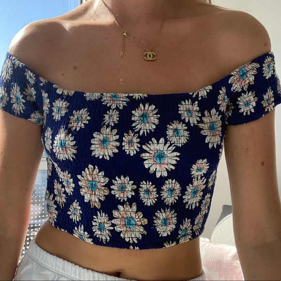 Blue Floral Off Shoulder Smocked Crop Top - Picture 1 of 4